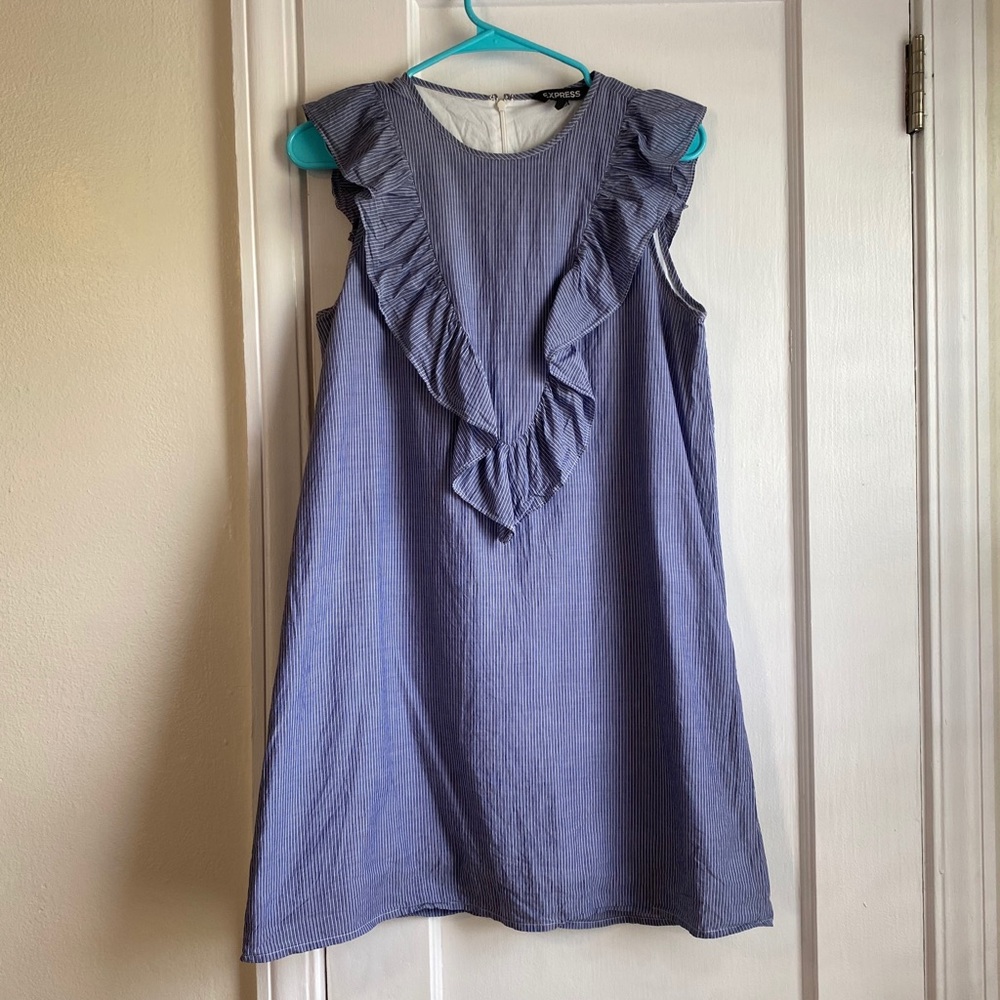 Express blue and white striped ruffle dress
